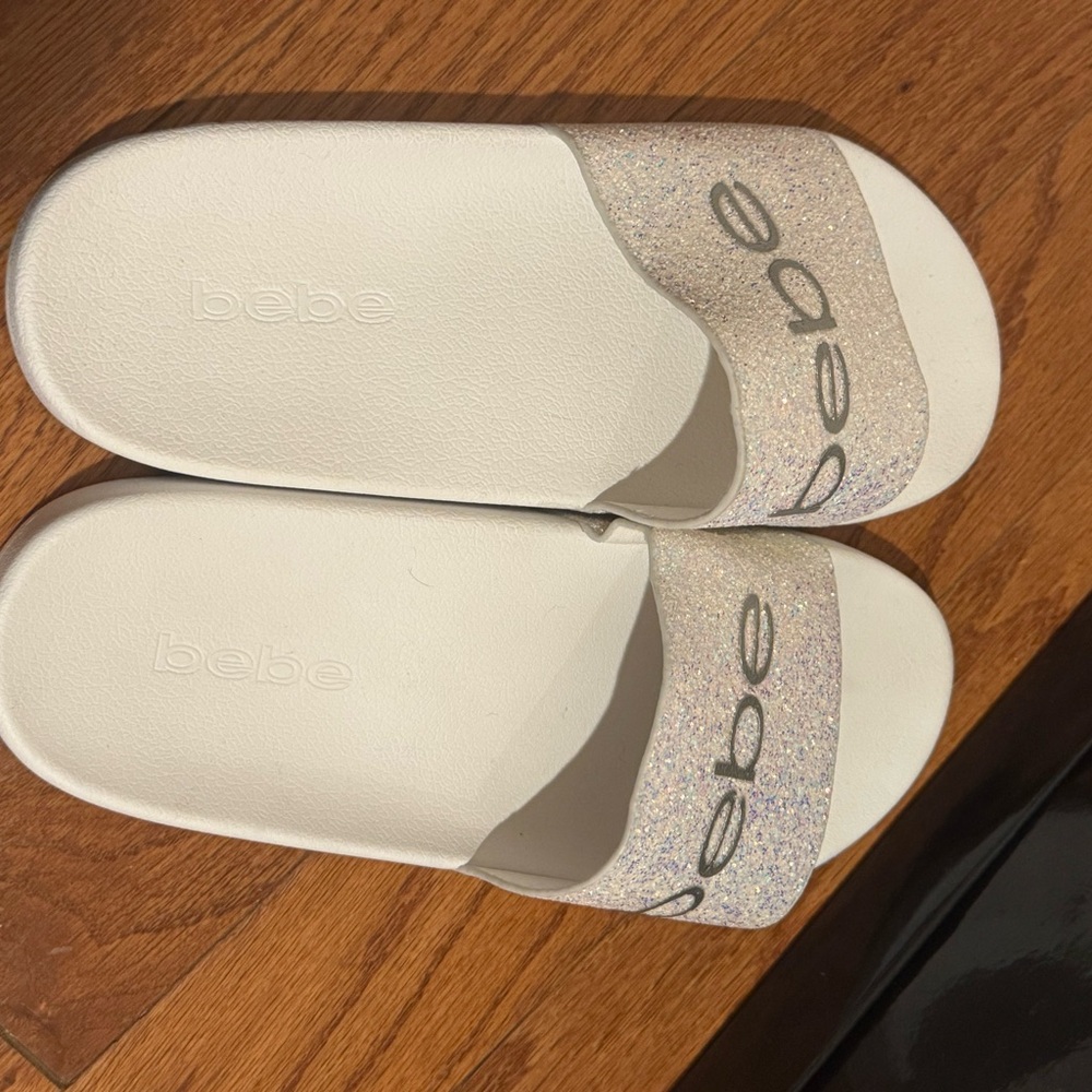 Bebe Women’s Glittery White Slide Sandals